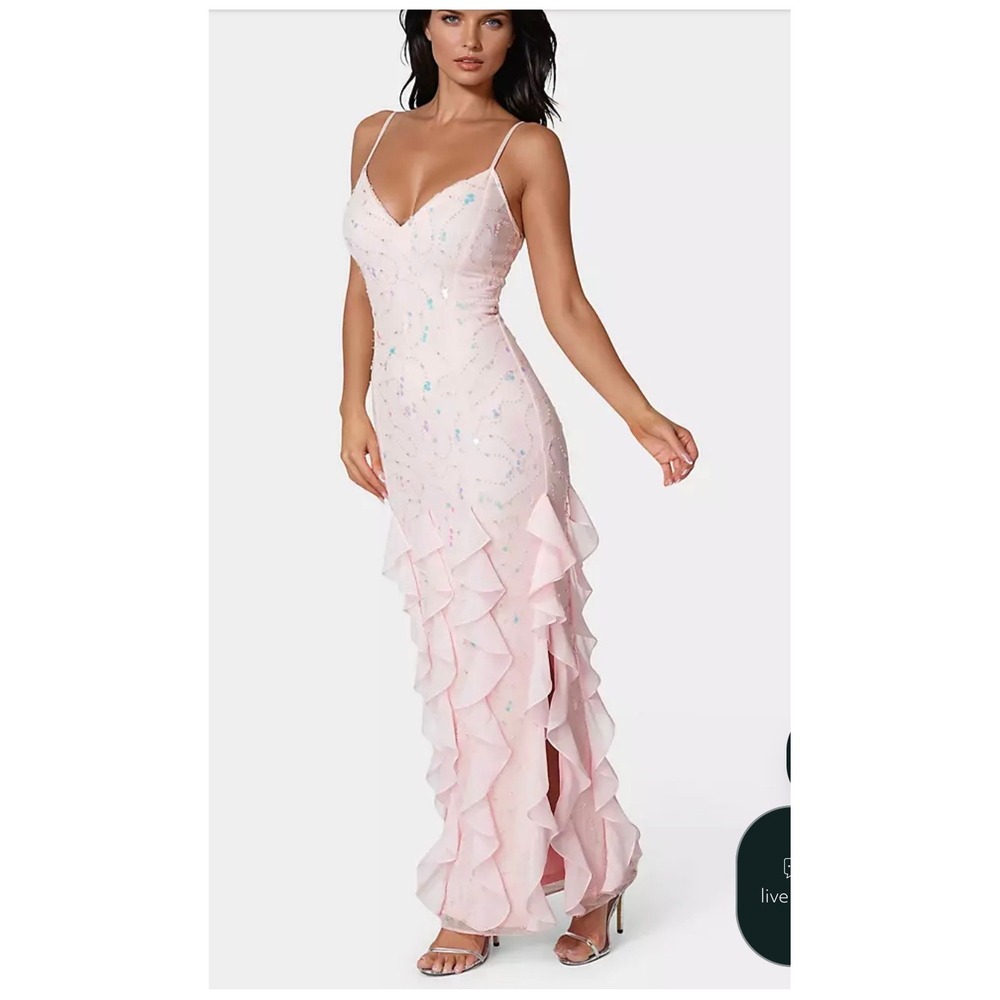Bebe Cascade Beaded Mesh Gown Blush Pink Sequin Ruffle Formal Dress BEBE1324 S - Picture 4 of 6